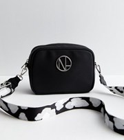 New Look Black Leather-Look NL Logo Webbed Shoulder Strap Cross Body Bag